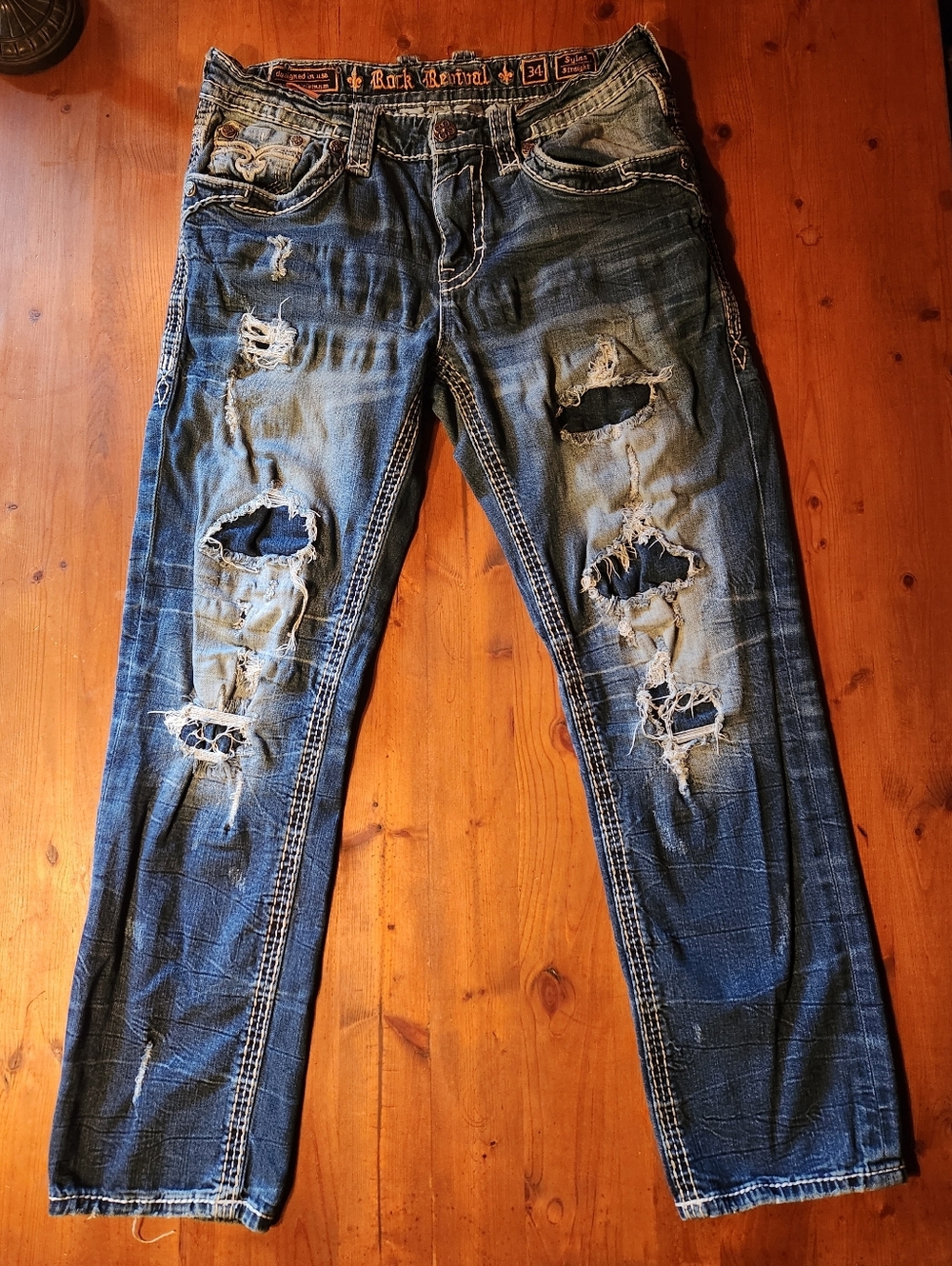 Rock Revival Men's Sylas Straight Ripped Dark Blue Straight Jeans 34×29